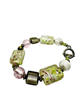 Lampwork Glass Bead Bracelet Green Metallic Gold Tone Toggle Clasp Boho Artsy